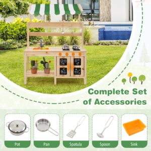 Costway Keuken voor Peuters van 3 Jaar Buitenspeelgoed met Luifel Spoelbak 5 Accessoires en Krijtborden Buitenspeelgoed Natuurlijke